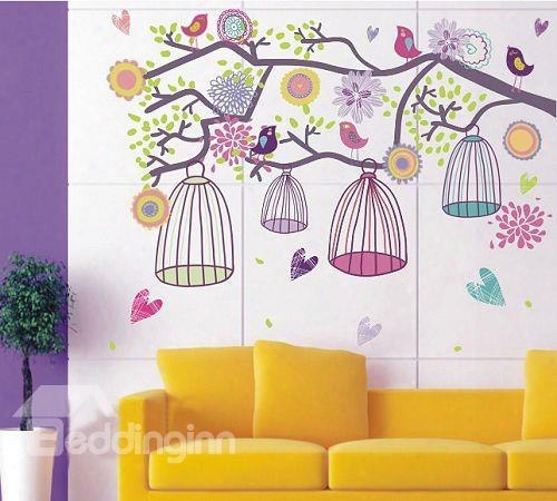 Lovely Dreamy Birds And Cages On The Tree Print Wall Stickers