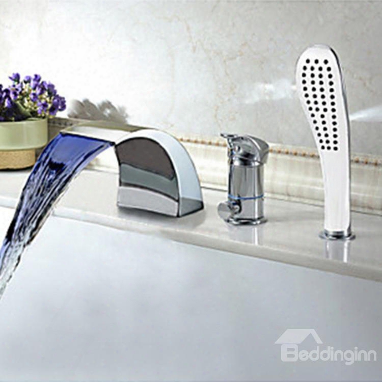 Modern Multi-color Led Widespread Waterfall Hand Shower Tub Faucet