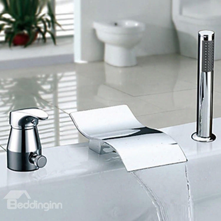 Modern Style Chrome Finish Widespread Waterfall Handshower Bathtub Faucet