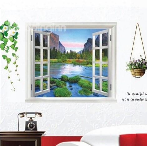 Mountains Surrounding River And Flower Basket 3d Window Wall Sticker Set