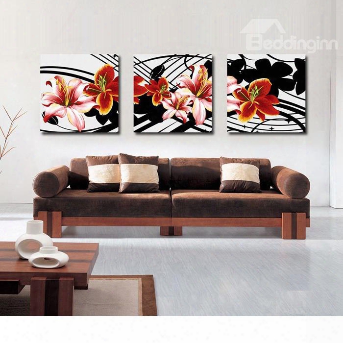 New Arrival Blooming Red And Pink Flowers And Geometric Figure Canvas Wall Prints