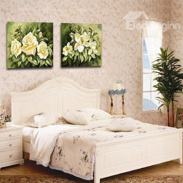 New Arrival Delicate White Flowers And Green Leaves Film Wall Aft Prints