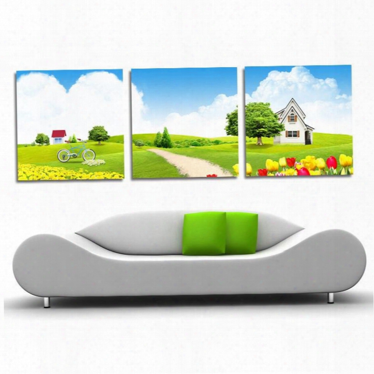 New Arrival Green Grassland Beautiful Flowers And House Film Wall Art Prints