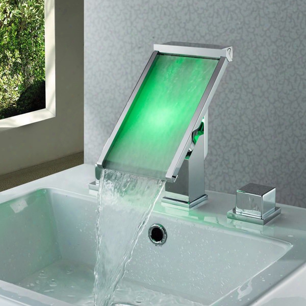 New Arrival Led Color Changing Rectangle Head Widespread Waterfall Bathroom Sink Faucet