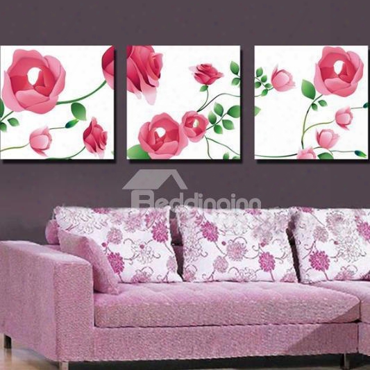 New Arrival Lovely Pink Roses And Green Leaves Print 3-pi Ece Cross Film Wall Art Prints