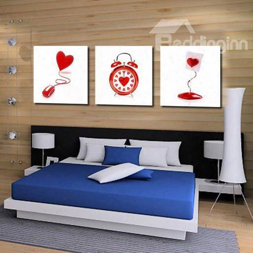 New Arrival Lovely Red Heart Clock And Lamp Print 3-piece Cross Film Wall Art Prints