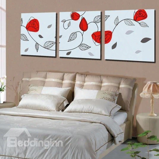 New Arrival Lovely Stick Figure Of Red Flowers Print 3-piece Cross Pellicle Wall Art Prints