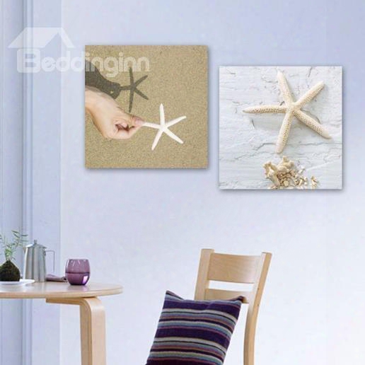 New Arrival Lovely White Starfishes On Beach Print 2-piece White Cross Film Wall Art Prints