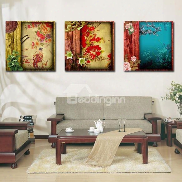 New Arrival Luxurious Colorful Flowers Print 3-piece Cross Film Wall Art Prints