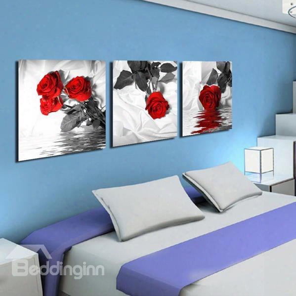New Arrival Romantic Red Roses Oer The Water Print 3-piece Cross Film Wall Art Prints