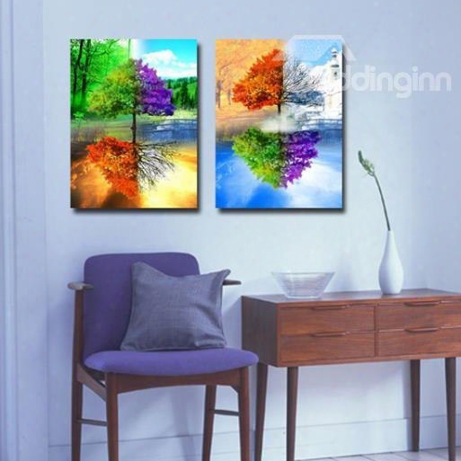 New Arrival Vivid Colorful Trees And Reflections Print 2-piece Cross Film Wall Art Prints