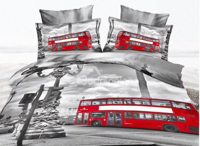 Red Bus Running On The Street Print Polyester 3d Bedding Sets