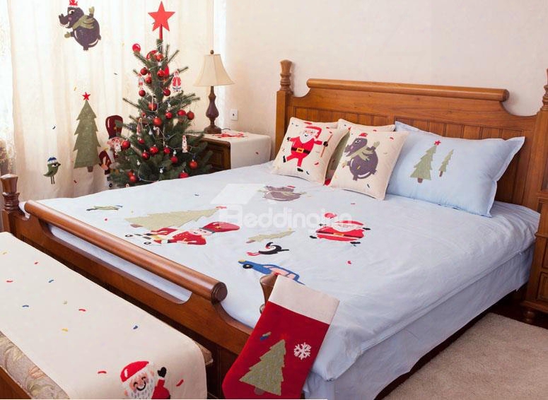 Refreshing European Style Santa Claus And Christmas Carol Embroidery 4 Piece Bedding Set