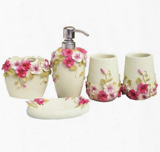 Romantic Rose Pattern Resin Five Pieces Bathroom Accessories