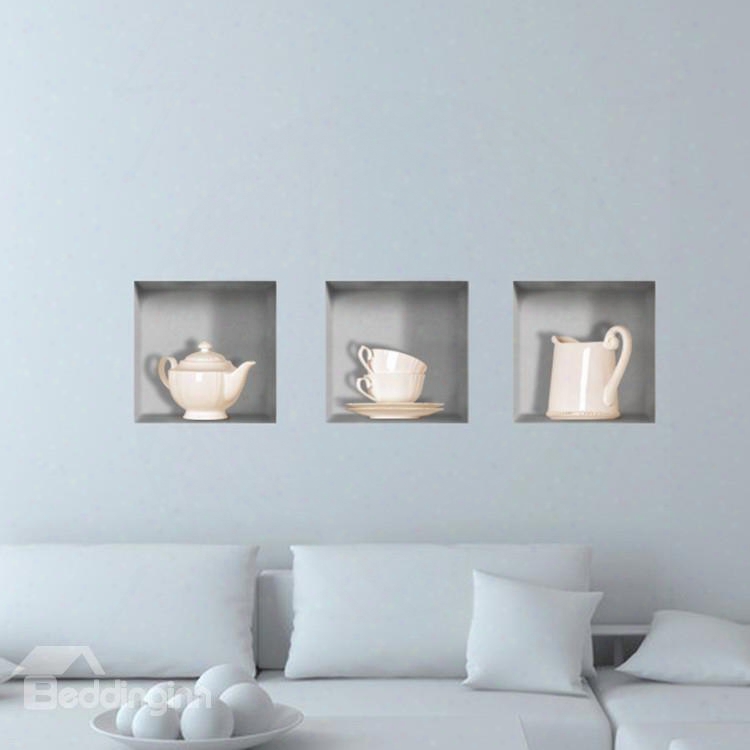 Simple Style Amazing 3d Tea Set Pattern Wall Stickkers