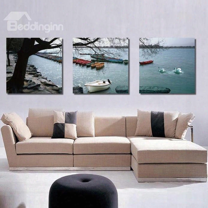 Simple Style Boat And Swan On Lake None Framed Canvas Wall Art Prints