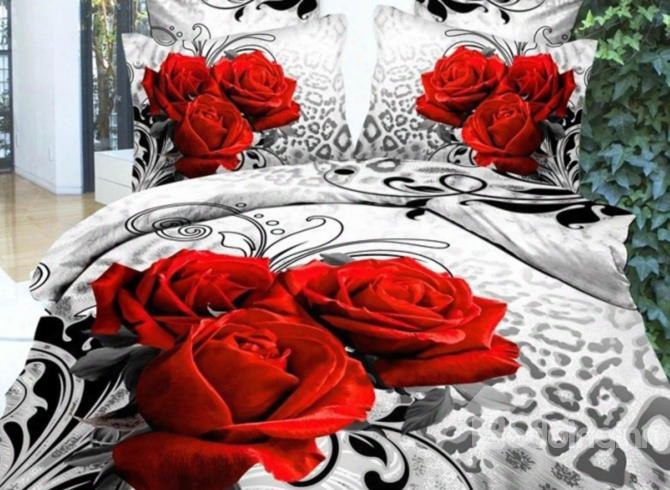 Three Red Roses Leopard 3d Printed Polyesetr 4-piece Bedding Sets