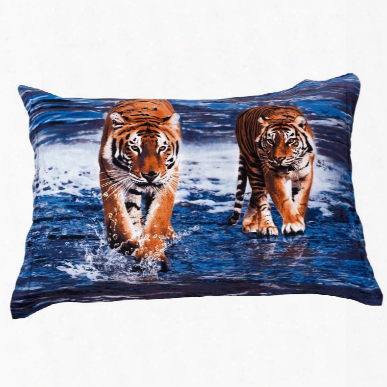 Two Ferocious Lifelike Tigers In Water Print Pillow Case