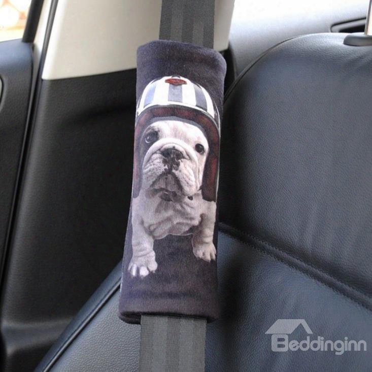 White Dog Wearing Helmet Black Car Seat Belt Cover