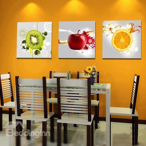 White Simple Style Apple Orange And Kiwi 3-pieces Canvas Wall Art Prints