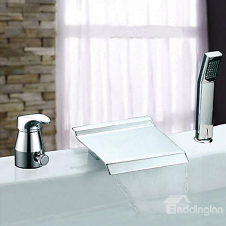 Widespread Two Handles Chrome Finish Waterfall With Handshower Tub Faucet