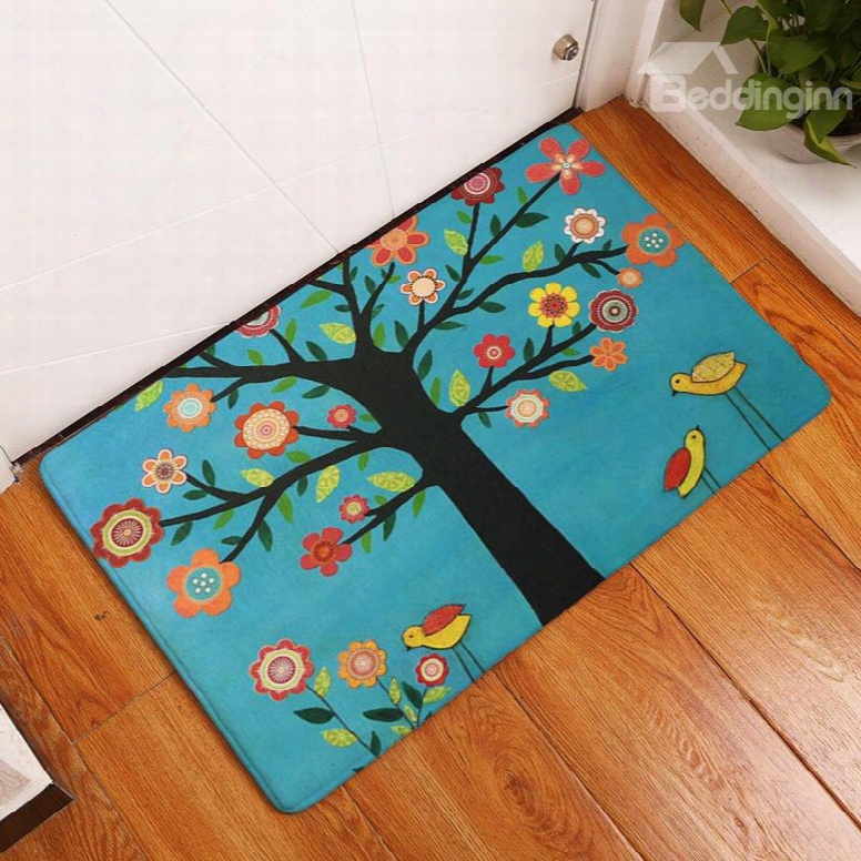 16␔24in Colorful Floers Flannel Water Absorption Soft And Nonslip Blue Bath Rug/mat