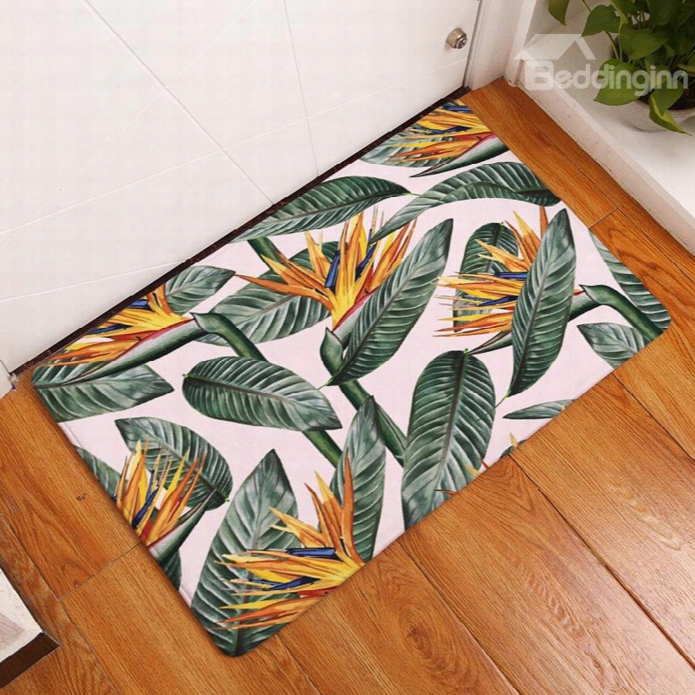 16␔24in Green And Yellow Leaves Flannel Water Absorption Soft And Nonslip Bath Rug/mat