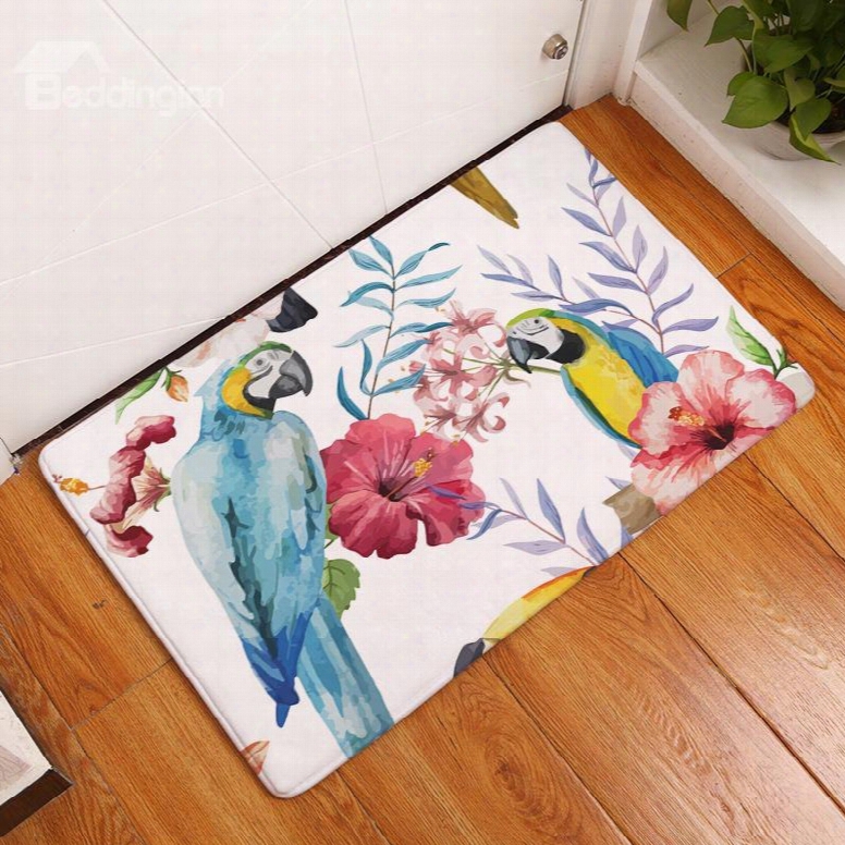 16␔24in Parrots On Tropical Plants Flannel Water Abs Orption Soft And Nonslip Bath Rug/mat