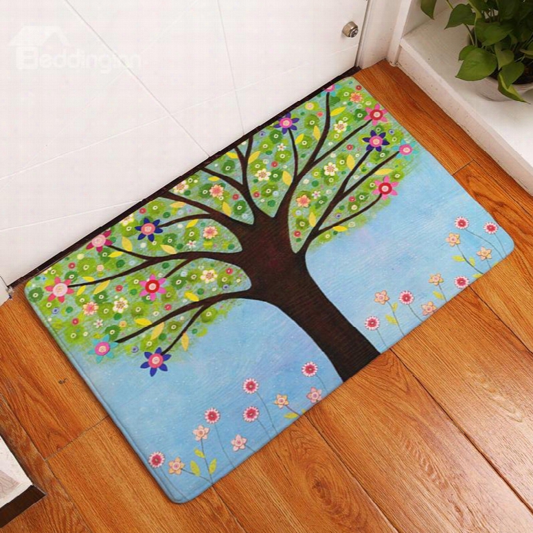 16␔24in Tree And Flowers Flannel Water Absorption Soft And Nonslip Blue Bath Rug/mat