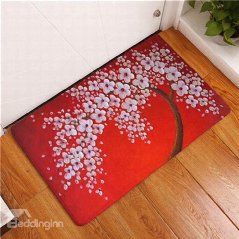 16␔24in White Flowers Flannel Water Absorption Soft And Nonslip Red Bath Rug/mat