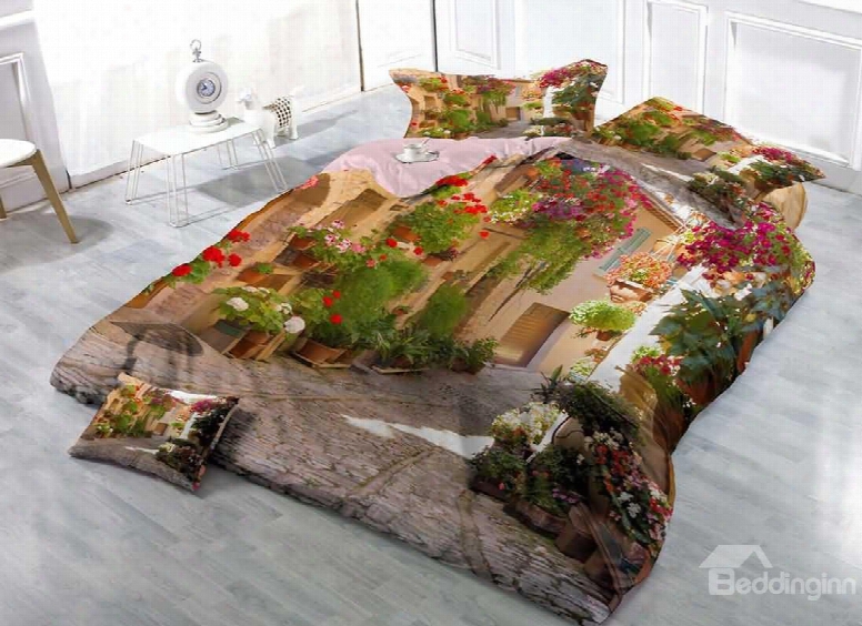 3d Alley Of Flowers Printed Cotton 4-piece Bedding Sets/duvet Covers