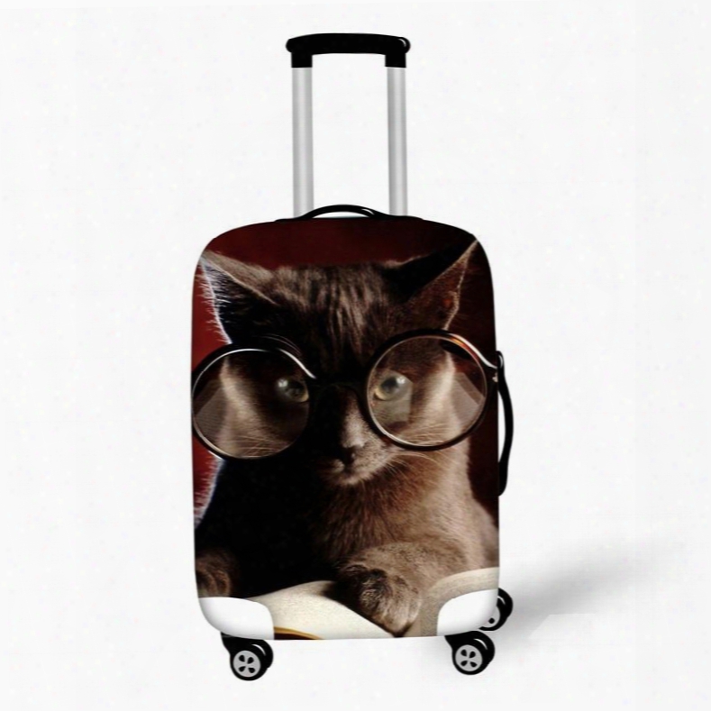3d Animals Cat With Glasses Pattern Waterproof Anti-scratch Travel Luggage Cover