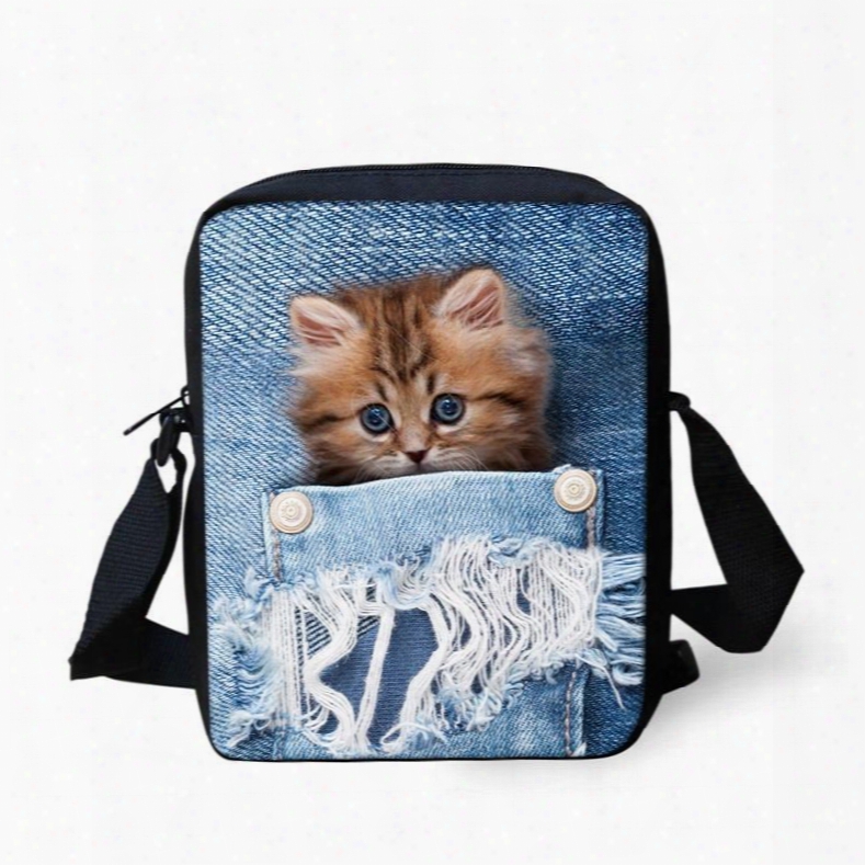 3d Animals Orange Cat Jeans Pattern Messenger Bag School Bag