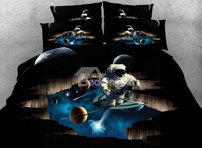 3d Astronaut And Outer Space Printed Cotton 4-piece Black Bedding Sets/duvet Covers