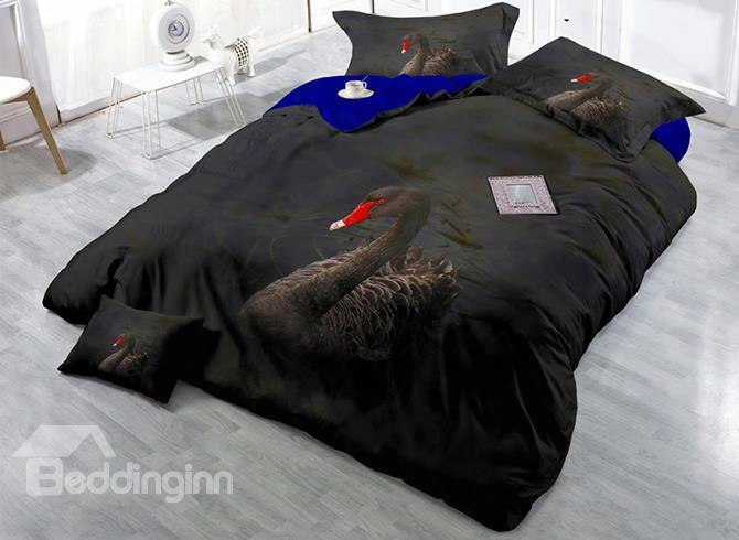 3d Black Swan Printed Cotton 4-piece Bedding Sets/duvet Cover