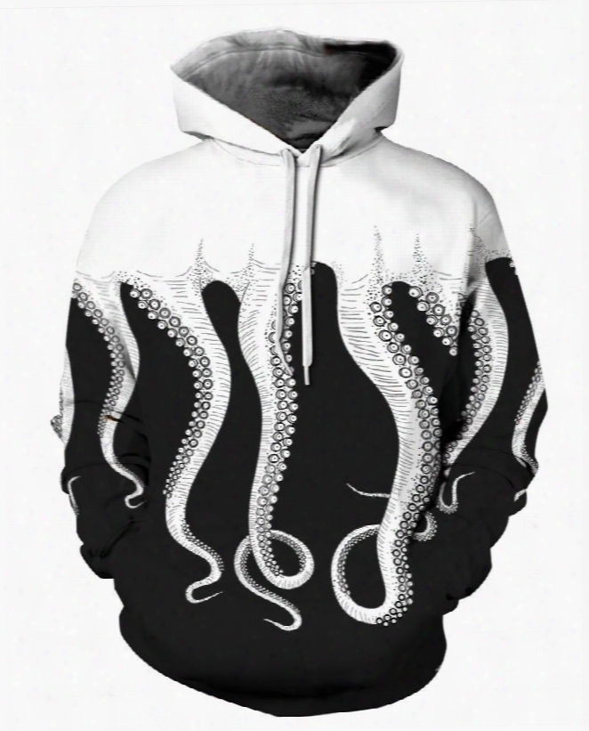 3d Black White Octopus Pattern Men Sweater Long Sleeve Cool Hoodies