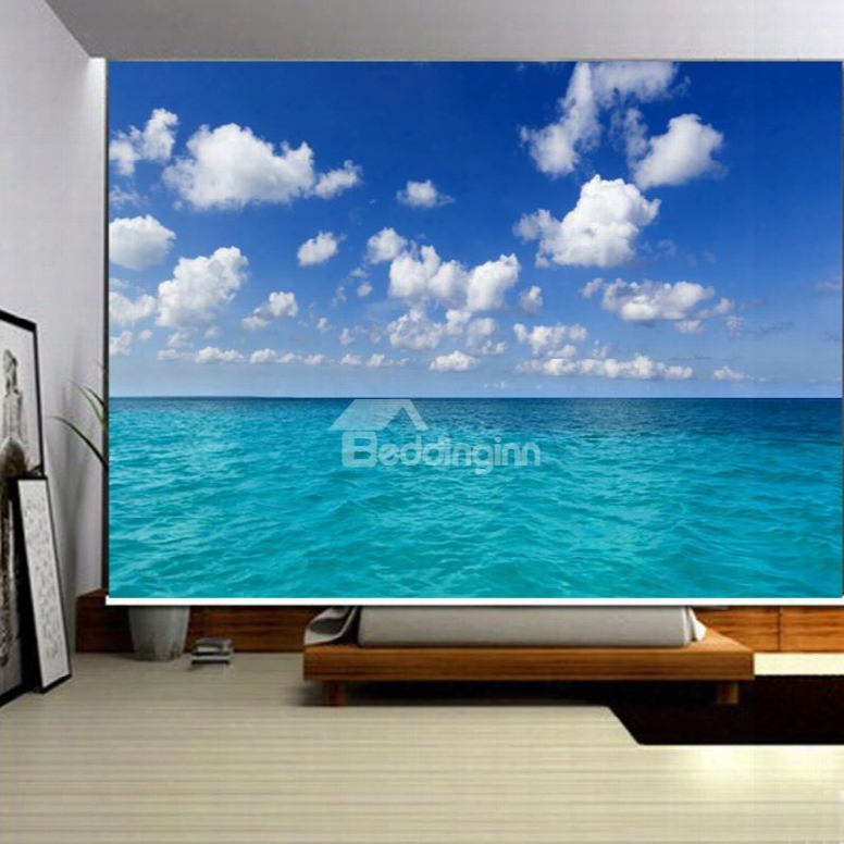 3d Blue Sky And White Clouds With Peaceful Sea Printed Scenery Curtain