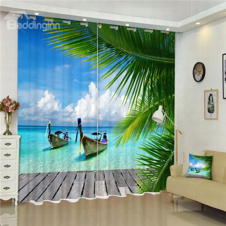 3d Boats And Green Conifersw Ith Blue Sea Printed Beacch Scenery Custom Living Room Curtain