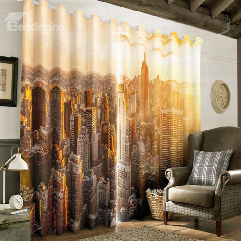 3d City Buildings Printed 2 Panels Decorative And Blackout Custom Curtain