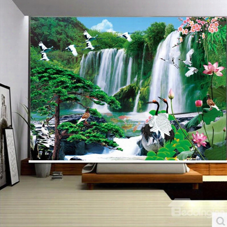 3d Cranes And Lotus With Waterfalls Printed Natural Scenery Decoration Curtain Roller Shade