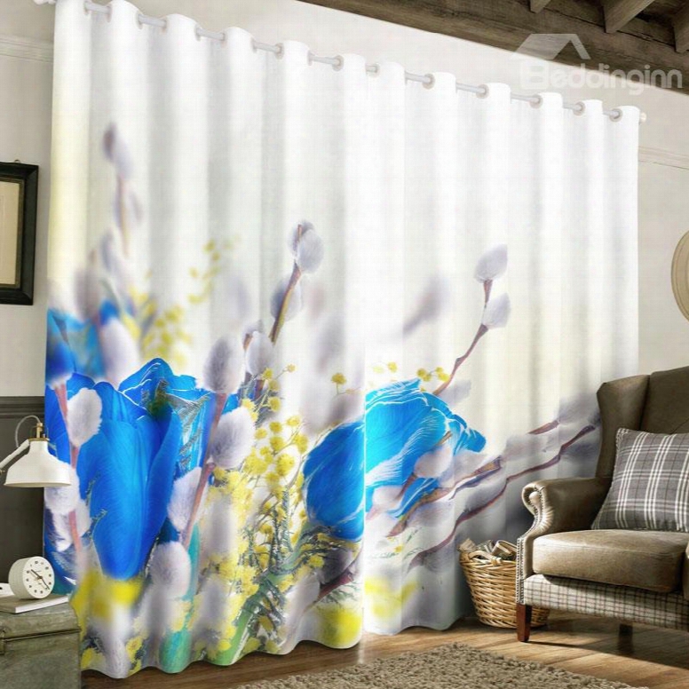 3d Creative Blue Roses Printed 2 Panels Grommet Top Curtain For Living Room