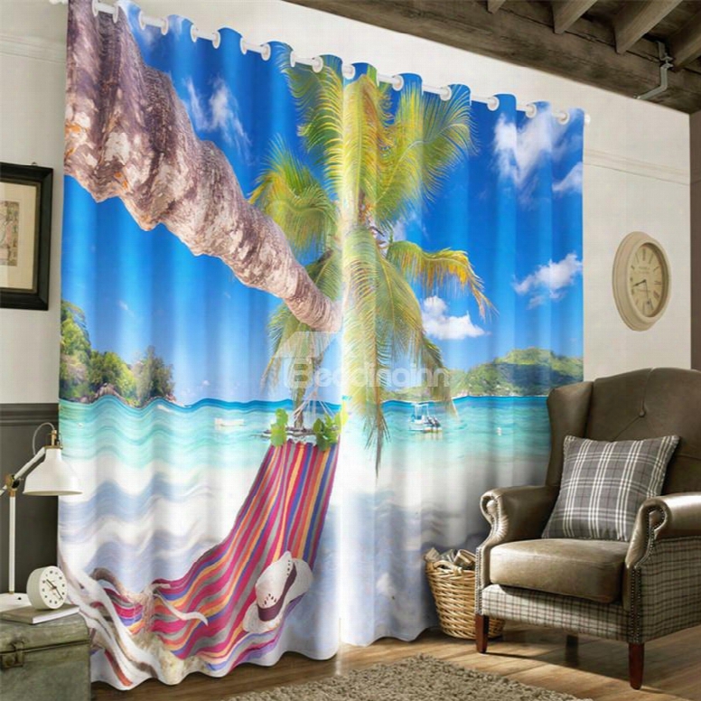 3d Declining Palm Trees And Purple Hammock In The Seaside Printed 2 Pieces Decorative Curtain