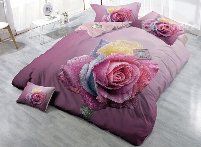 3d Dewy Colorful Rose Printed Floral Cotton 4-piece Pink Bedding Sets/duvet Cover