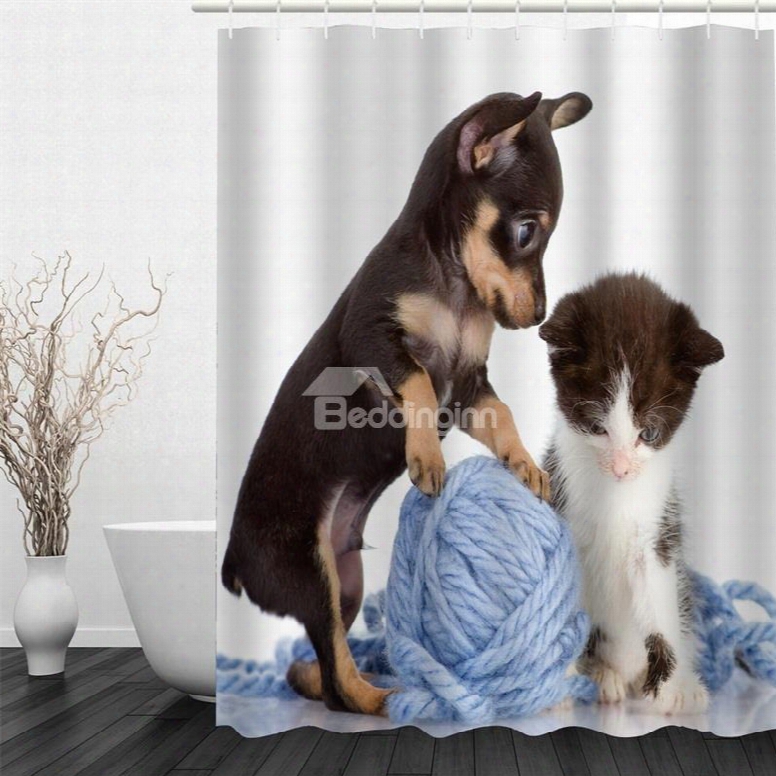3d Dog Kitten Playing Yarn Ball Printed Polyester Waterproof Antibacterial Eco-friendly Shower Curtain