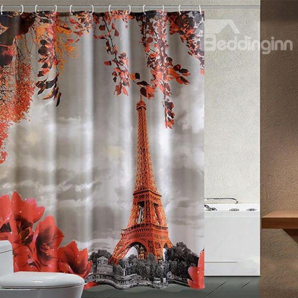 3d Eiffel Tower Printed Polyester Orange Bathroom Shower Curtain