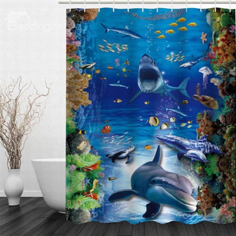 3d Fishes Dolphins Printed Polyester Waterproof Antibacterial And Eco-friendly Shower Curtain