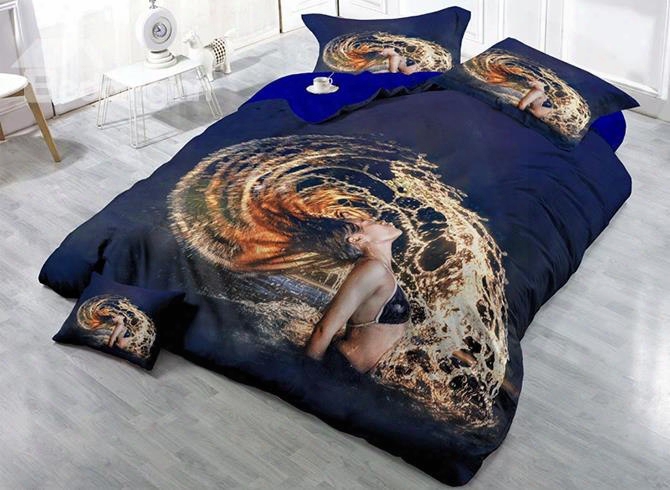 3d Girl Flipping Wet Hairp Rinted Cotton 4-piece Bedding Sets/duvet Cover