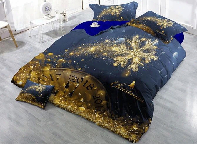 3d Golden Snowflake Christmas Time Printed Cotton 4-piece Bedding Sets/duvet Cover