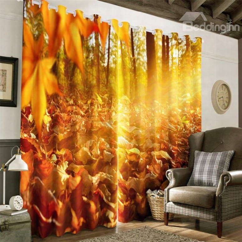 3d Golden Sunlight And Yellow Leaves Printed 2 Panels Bedroom Heat Insulation Drapes
