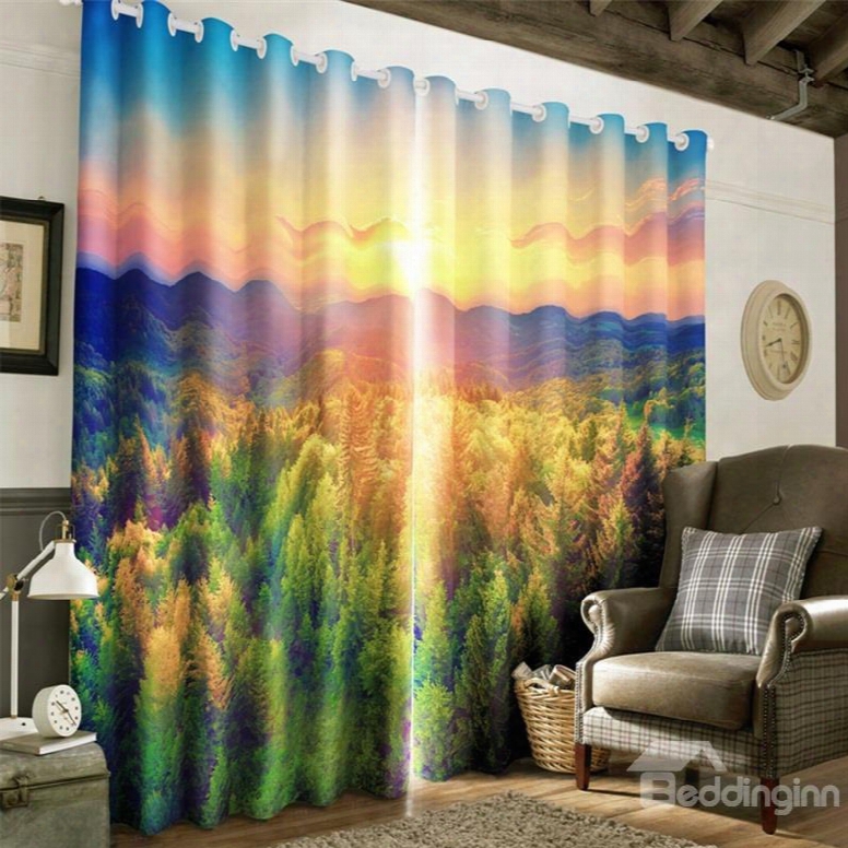3d Golden Sunrise And Thick Forest Printed 2 Panels Decorative Custom Curtain